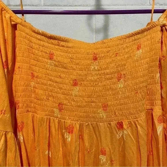 Free People Lana off Shoulder Tunic Orange Boho Peasant Smocked Blouse NWOT - Picture 4 of 7
